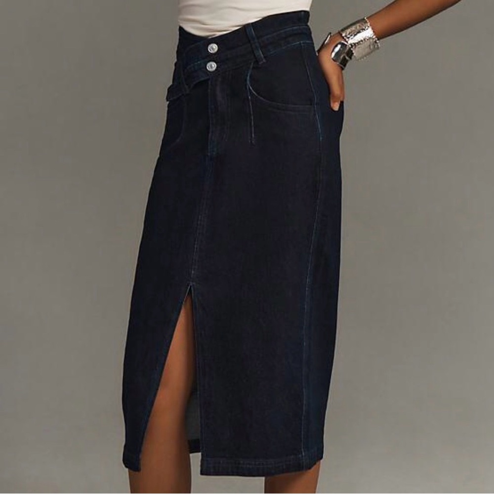 Anthropologie High-Waist Dark Blue Denim Midi Skirt with Front Slit by Pilcro